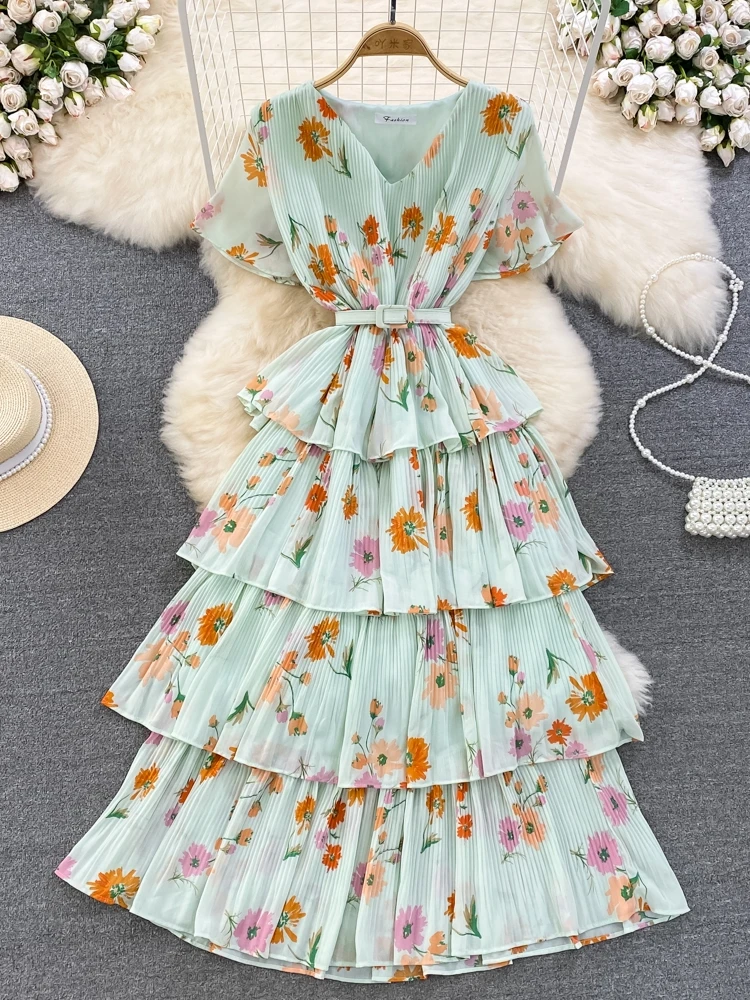 Vestido Longo de Verão com Manga Curta, Decote em V, Saia em Camadas Floral, Estilo Coreano, Alta Cintura, Psado, para Fér...