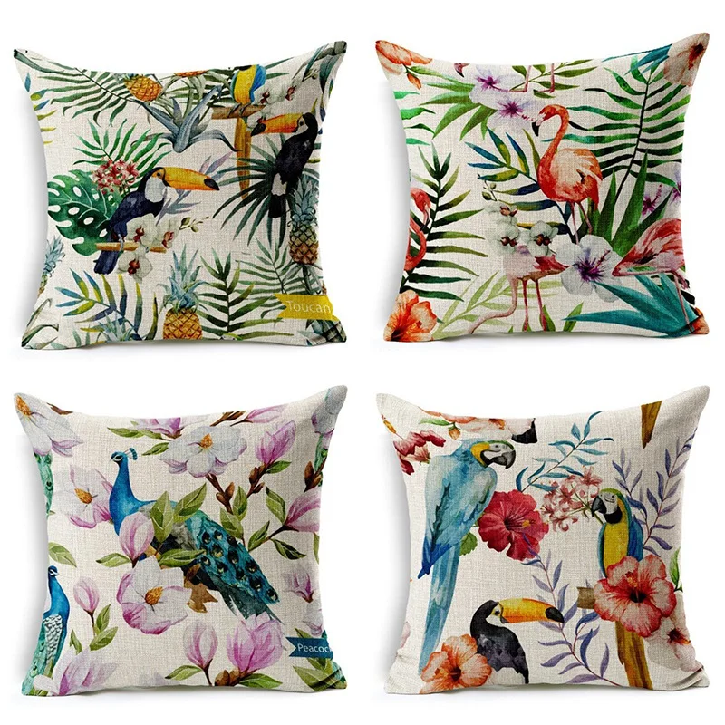 

Hawaii Parrot Cotton Linen Pillowcase Summer Leaf Pillow Covers Decorative Room Aesthetics 45x45 Soft Pillow Case Decor Home