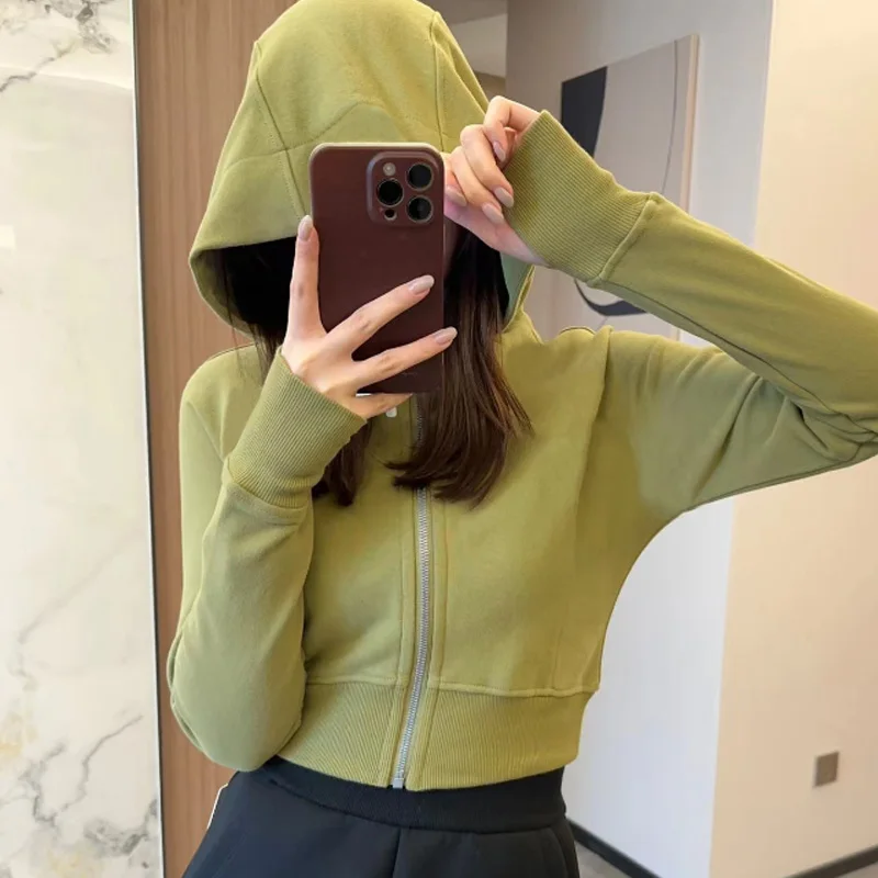 Women Oversized Hoodie Short Jackets No Fleece Sweatshirts Soft Thumbholes Leisure Sporty Coat