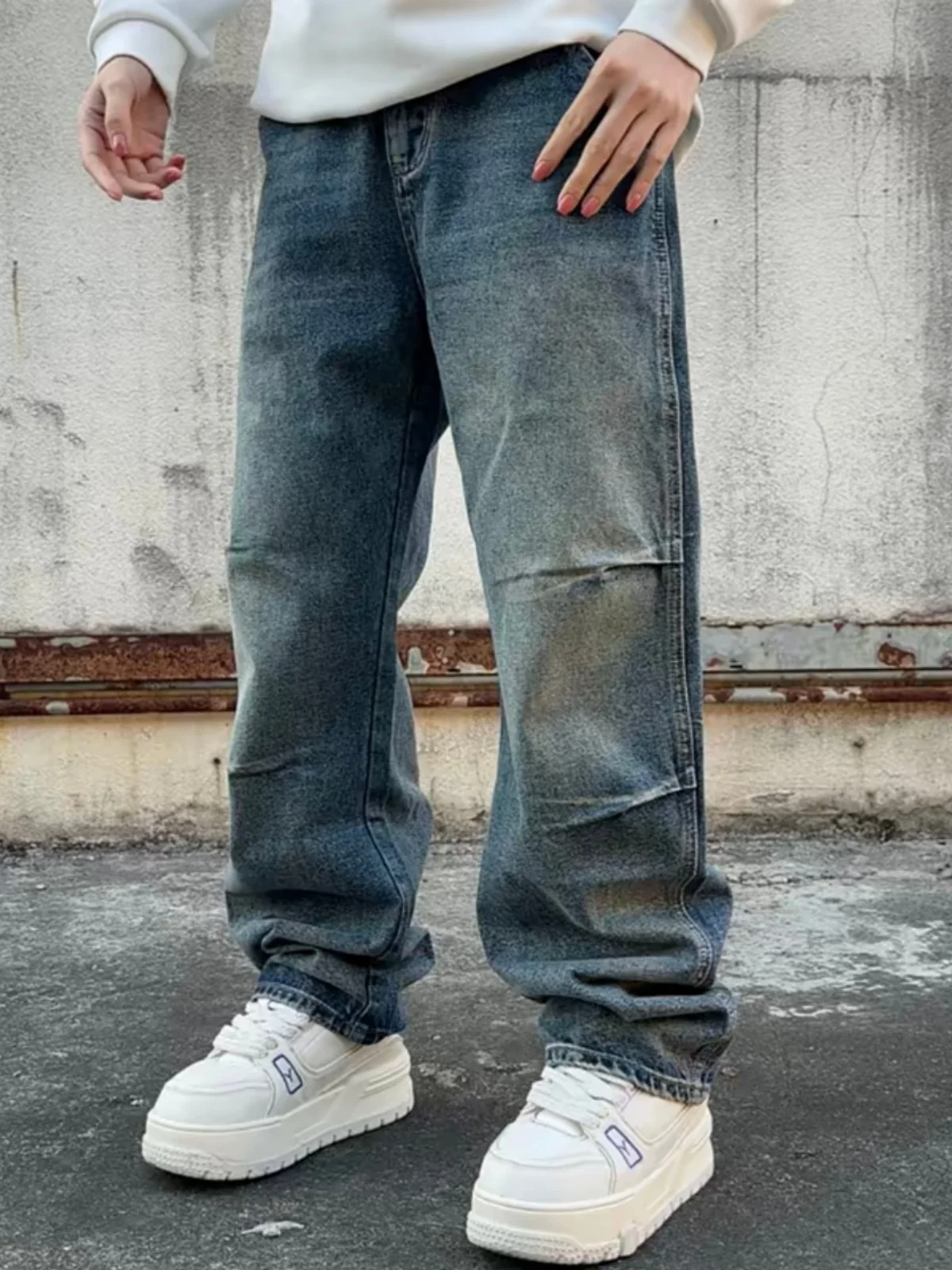 

Retro American Waed Folded Knife Jeans Men's Versatile Skin-friendly Breathable Wide Leg Straight Casual Pants