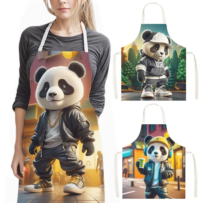 Hip Pop Panda Kitchen Aprons Cool Panda Drinking Coffee Women Cooking Apron for Nail Salons BBQ Home Cleaning Tool Pinafore
