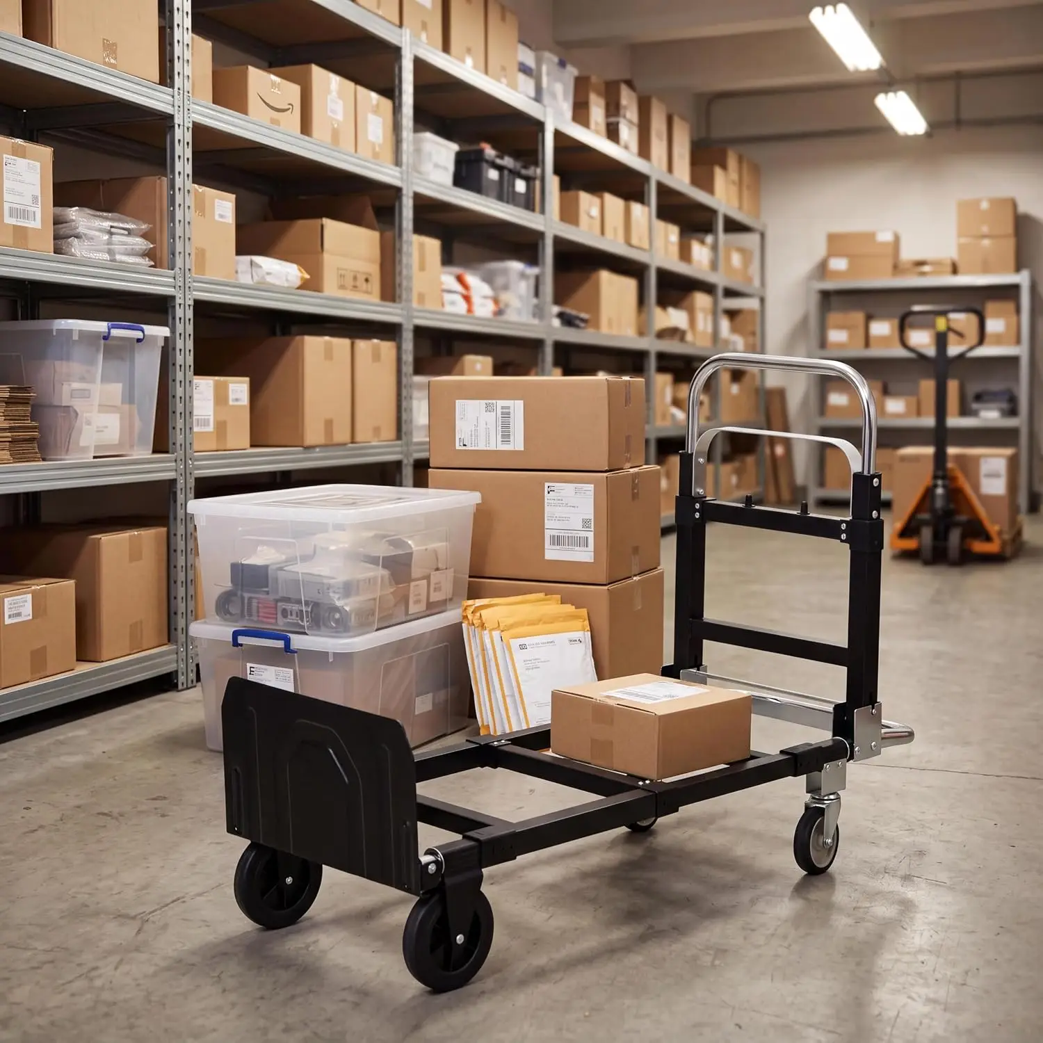 2 in 1 Folding Hand Truck with 4 Wheels and Elastic StrapsSolid Construction Utility Cart Roller Shopping for Home Warehouse Office & Moving