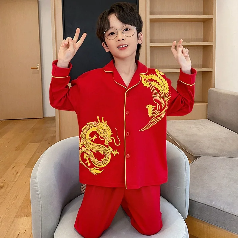 Spring Autumn Children Pajama Set Cute Cartoon Loose Comfortable Red Long Sleeves Trousers Children's Lounge wear