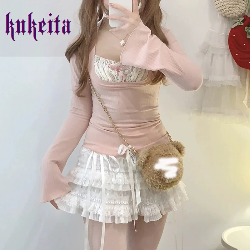 Kukeita  Japanese Women T-shirt Y2k Aesthetics Lace Trim Long Sleeve Tee Shirt Harajuku Cute Slim Tops Kawaii Lolita T shirts