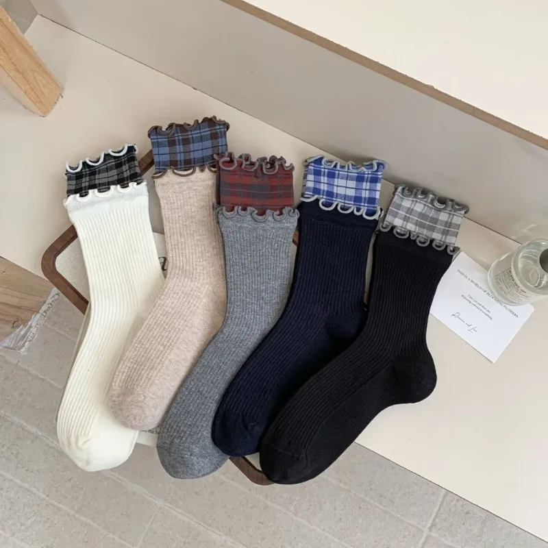 5 Pairs Fall Winter Warm Socks Korean-Style Casual Grid Cotton Fancy Women Socks for Girls Long Women's Socks Set High Quality