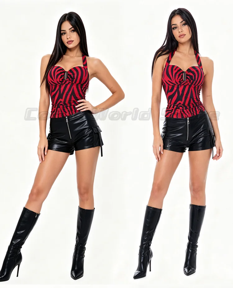 Obsession Nikki Cosplay Costume Outfit Zebra Halter Top Faux Leather Cargo Shorts Punk Streetwear Halloween Carnival Disguise view 6
