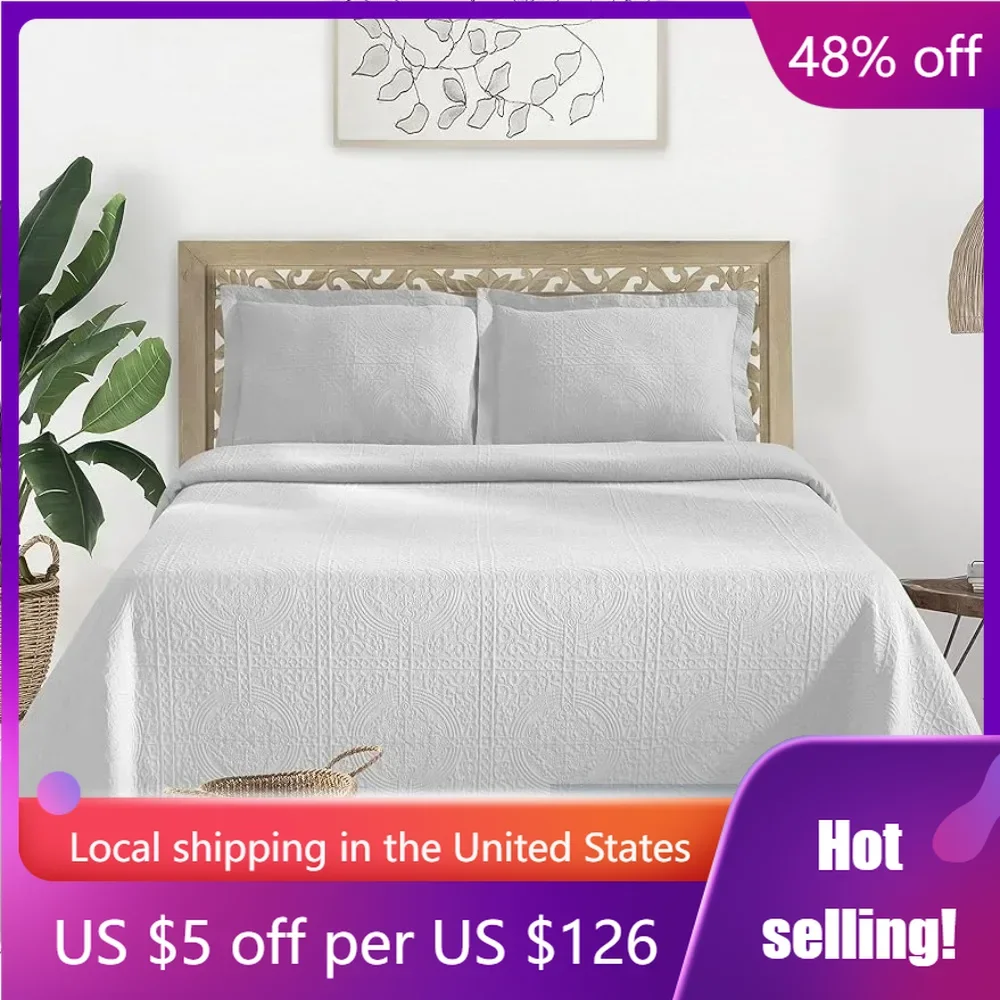 Jacquard Matelasse Fleur De Lis 100% Cotton Medallion 3-Piece Bedspread Set - Queen Comforter Sets White Freight Free Bed Linen