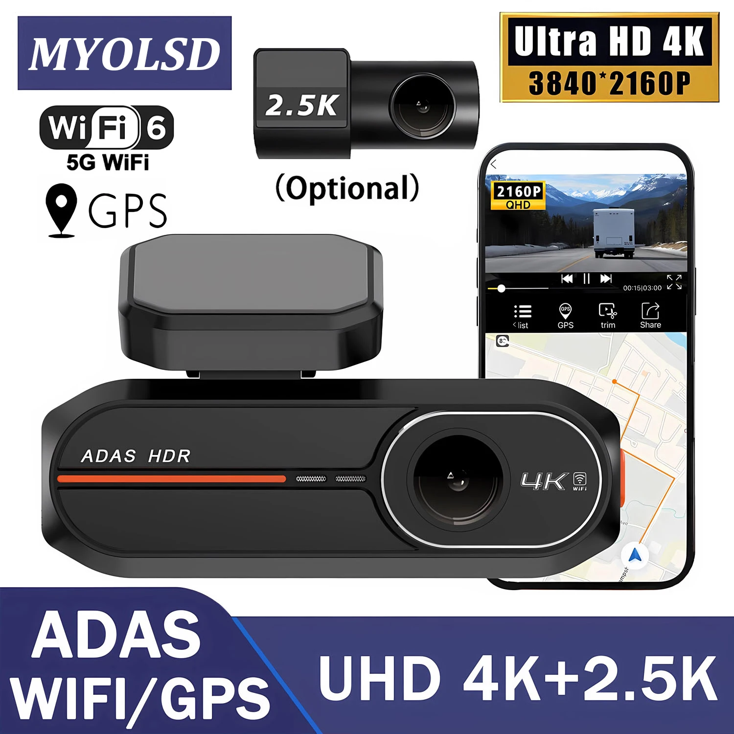 

Видеорегистратор ADAS 4K+2.5K с Wi-Fi, двухкамерный, миниатюрный, с функцией ночного видения и круглосуточным мониторингом, черный ящик для автомобиля