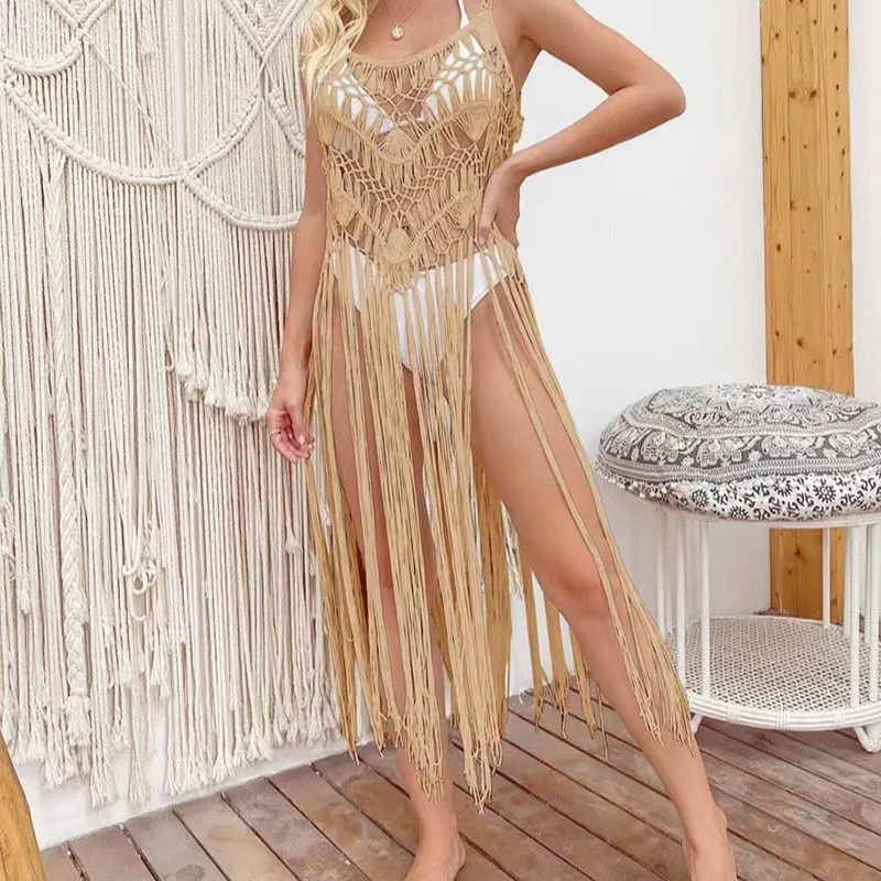 Boring Honey Sommer verführerisches Boho-Strand-Cover-Up-Quasten-Stickerei-Ausschnitt, handgefertigter Häkel-Bikini, Sonnenschutzkleid für Damen