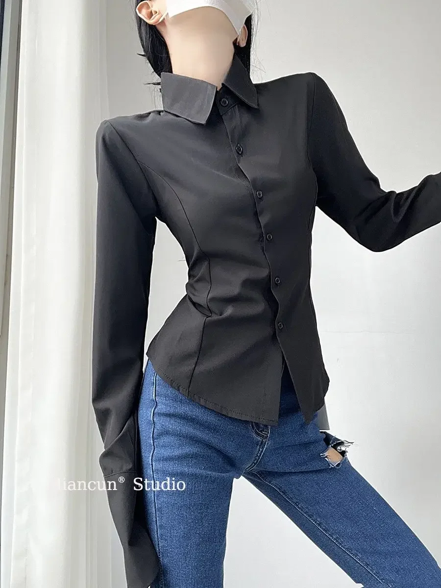 قميص نسائي لخريف 2025 قمصان بخصر نحيف وأربطة أنيقة على الموضة الكورية بياقة مقلوبة قمصان De Mujer #3