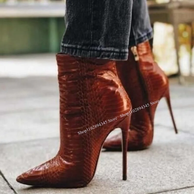 

Brown Snakeskin Pointed Toe Boots Mid Calf Thin High Heel Fashion Sexy 2023 Summer Casual Big Size Woman Shoes Zapatillas Mujer