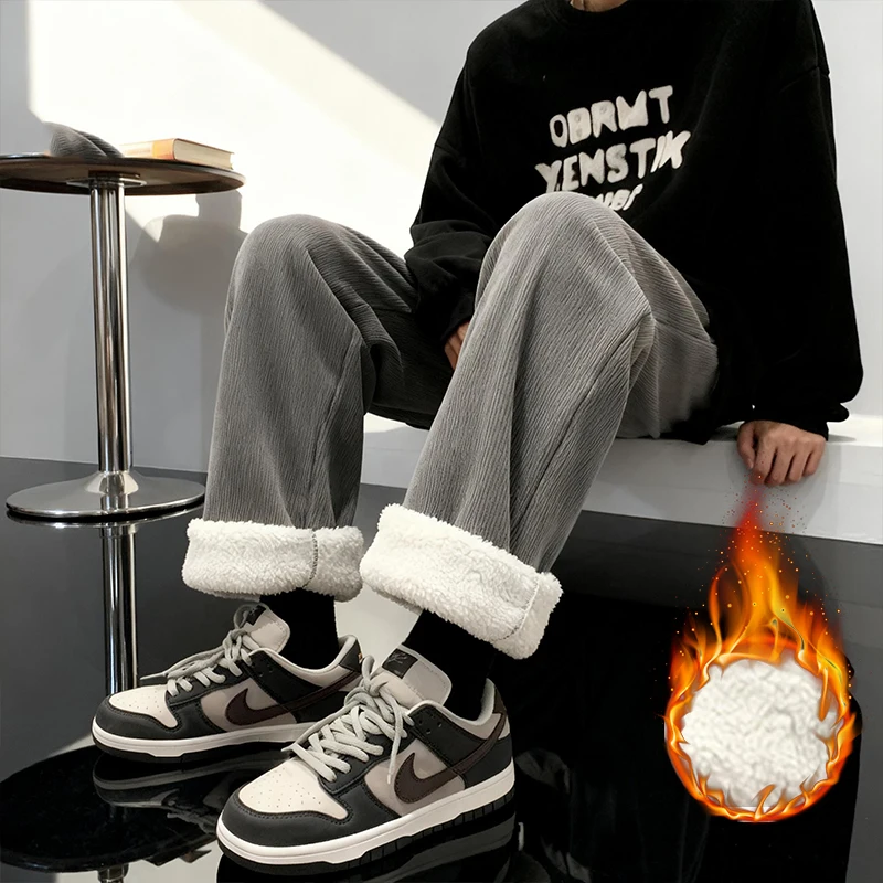 Thick Lamb Fleece Men's Pants Winter Loose Korean Street Baggy Warm Premium Velvet Trousers Straight Leg Wide Leg Wool Hot Pants