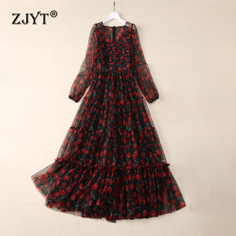 

ZJYT Elegant Long Sleeve Maxi Dress for Women 2024 Spring Autumn V Neck Print Mesh Party Dresses Vestidos Fiesta Female Clothing