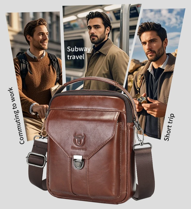 

Shiny cowhide shoulder crossbody bag Real leather men's 8 inch flat storage premium multi-function shoulder bag