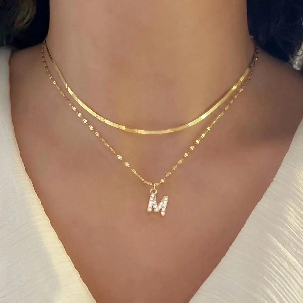 Gold Plated Pave Zirconia Letter Necklace Stainless Steel Herringbone Lip Chain Layered Initial Necklace Sets For Women