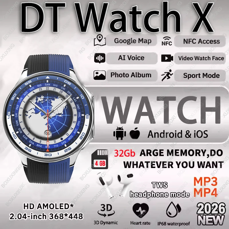 

2026 New For OPPO Watch X Smart Watch 4G Memory Music Video Bluetooth Call IP68 Waterproof AMOLED Smartwatch For TWS Earphones