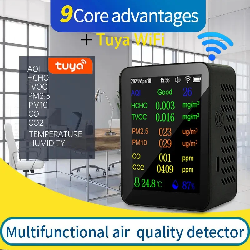 

TuYa WiFi 9 in 1 Air Quality Detector PM2.5 PM10 HCHO TVOC CO CO2 Meter Digital Temperature Humidity LCD Tester for Home school