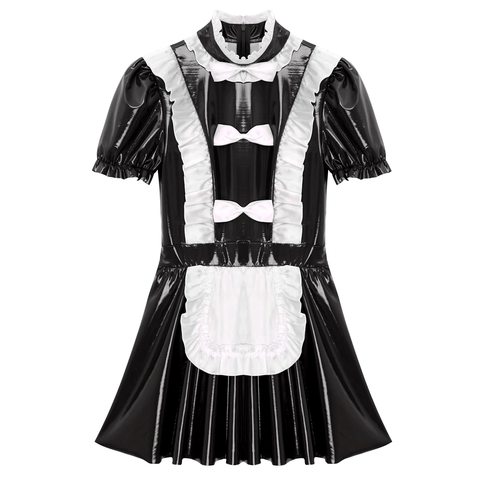 Mens Sexy Sissy Maid Uniform Outfit Wetlook Latex Ruffles Short Sleeve A Line Dress Crossdressing Costume Theme Club Dancewear