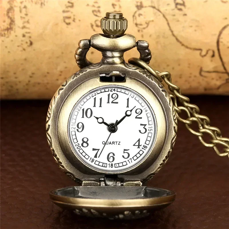 Bronze Mini Size Hollow Arabic Number Cover Unisex Quartz Analog Pocket Watch Necklace Long Chain Collectable Timepiece Gift