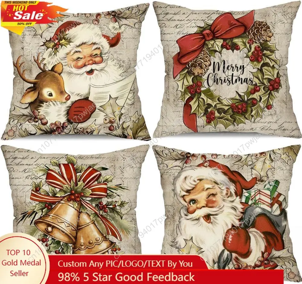DFXSZ Christmas Pillow Covers 18x18 inch Set of 4 Santa Claus Reindeer Decorative Vintage Throw Pillow Covers Winter Retro Farmh