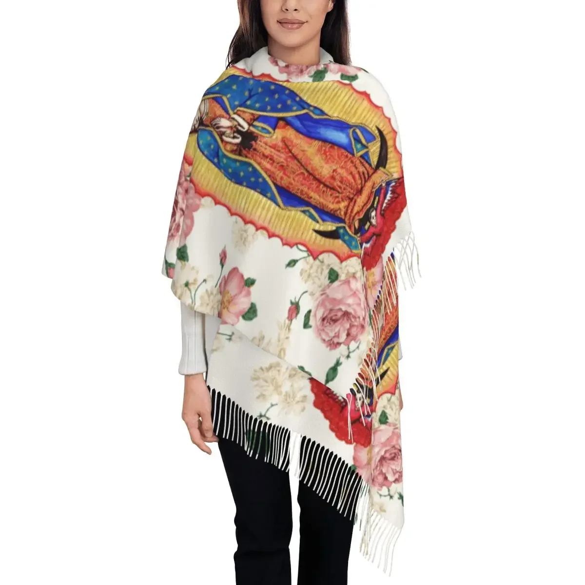 Custom Female Long Virgin Of Guadalupe Scarves Women Winter Fall Soft Warm Tassel Shawl Wrap Mexico Catholic Virgin Mary Scarf