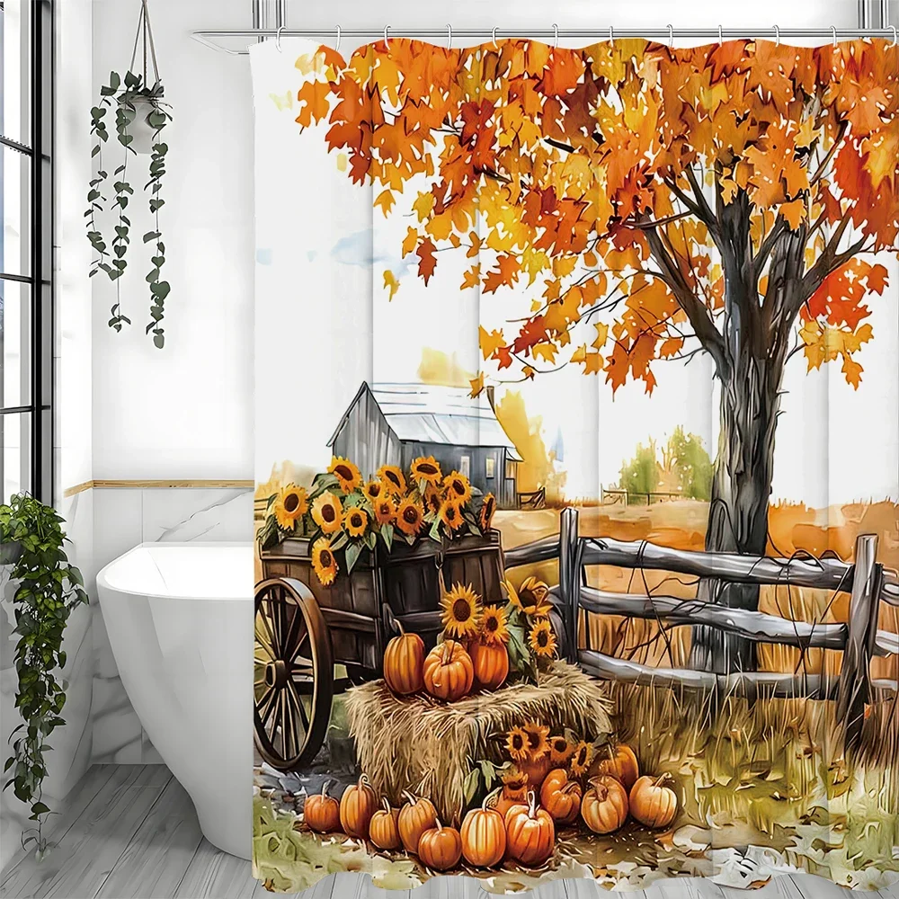 

Осенний урожай, ферма, тыква, подсолнух, клен, занавеска для душа, декоративная занавеска для душа для ванной комнаты, водонепроницаемая занавеска для душа с Hoo