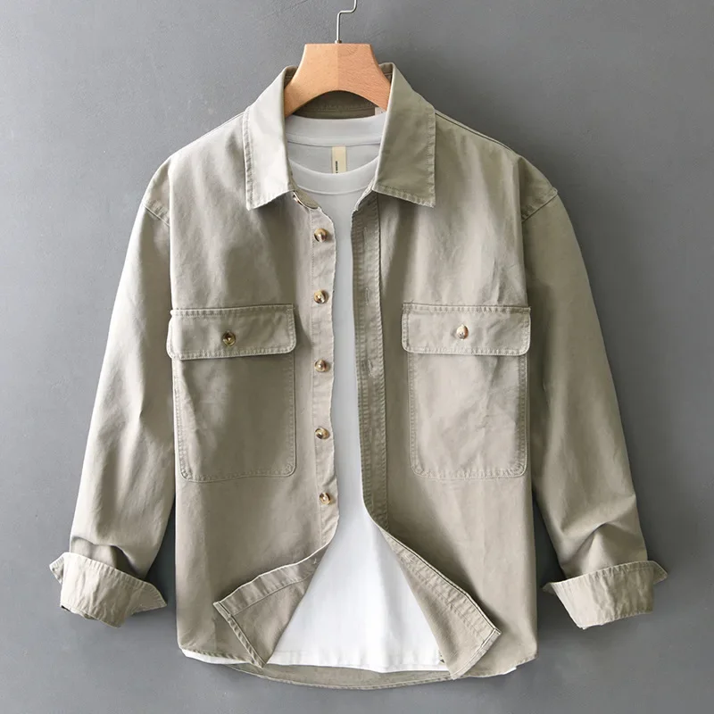 

Японская рубашка-карго в стиле ретро, мужская весенняя уличная повседневная рубашка цвета хаки, свободные рубашки с двойными карманами и длинными рукавами, мужская одежда из чистого хлопка
