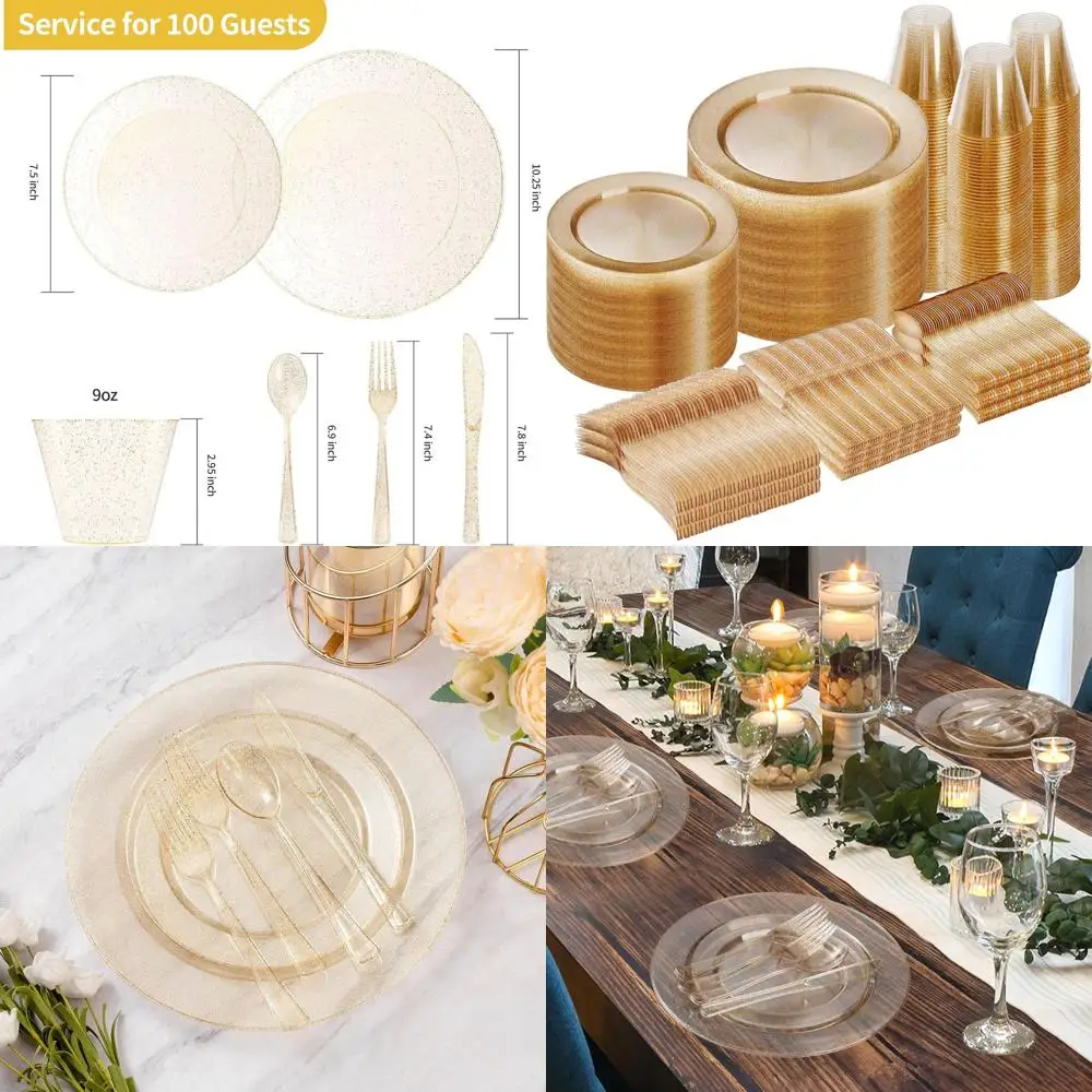 

Gold Glitter Disposable Party Plates Set for 100, Includes Dinnerware, Cutlery, and Cups