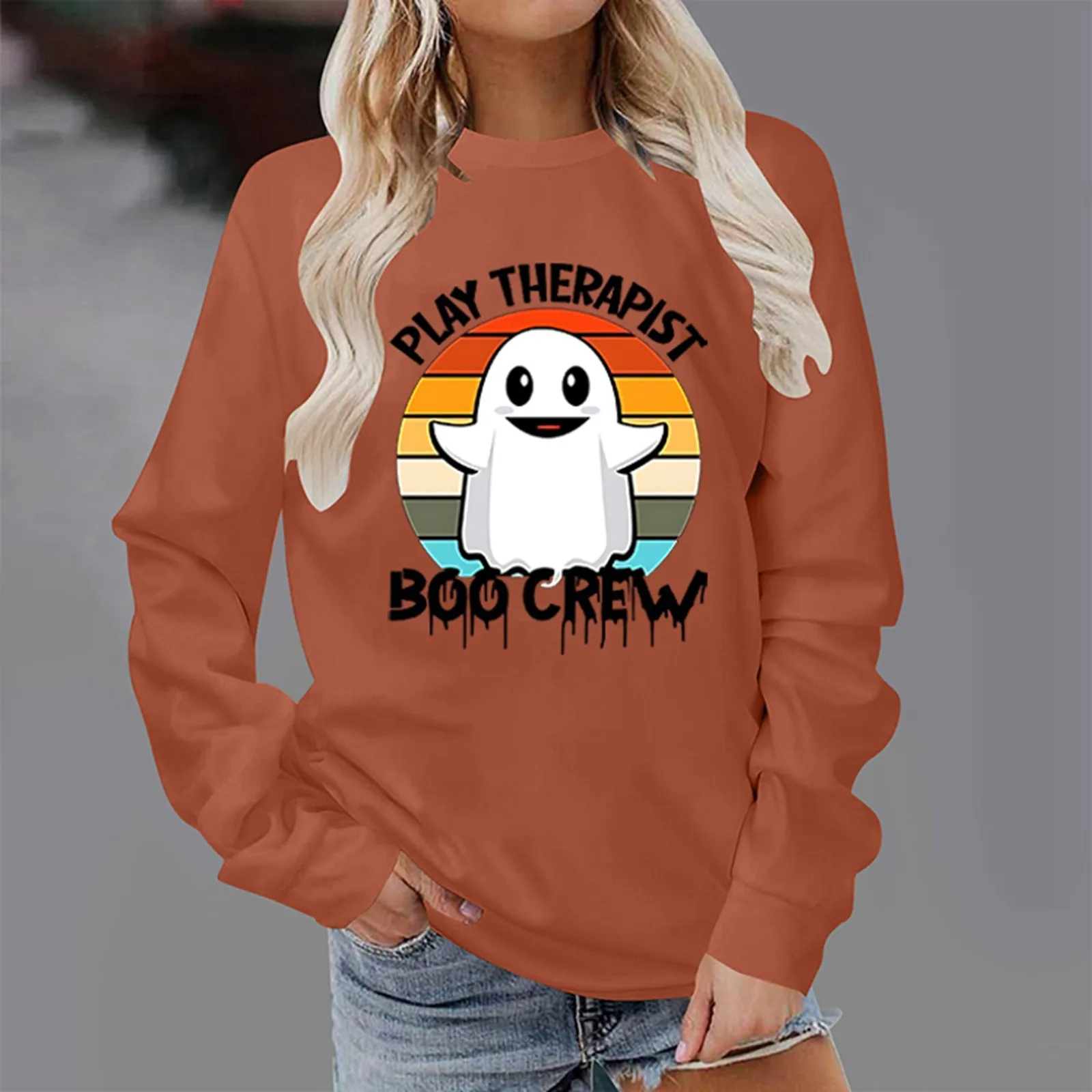 

Halloween Fashion Specter Print Pullover Women Long Sleeve Crew Neck Loose Fit Hoodies Casual Autumn Festival Sweatershirt