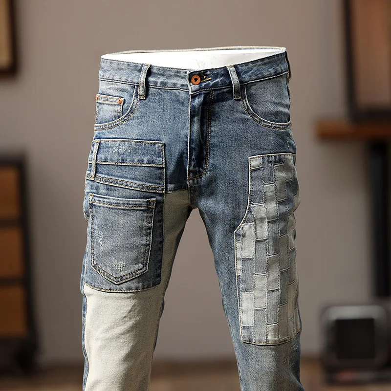 2024Cool Smart Jeans Men\'s Motorcycle Trendy Patchwork Fashion High-End Retro Stretch Slim Fit Skinny Pants