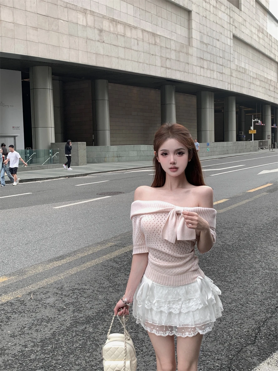 

Bowknot one-shoulder short-sleeved hollowed out knit sweater female summer thin French gentle Slim gray strapless tops