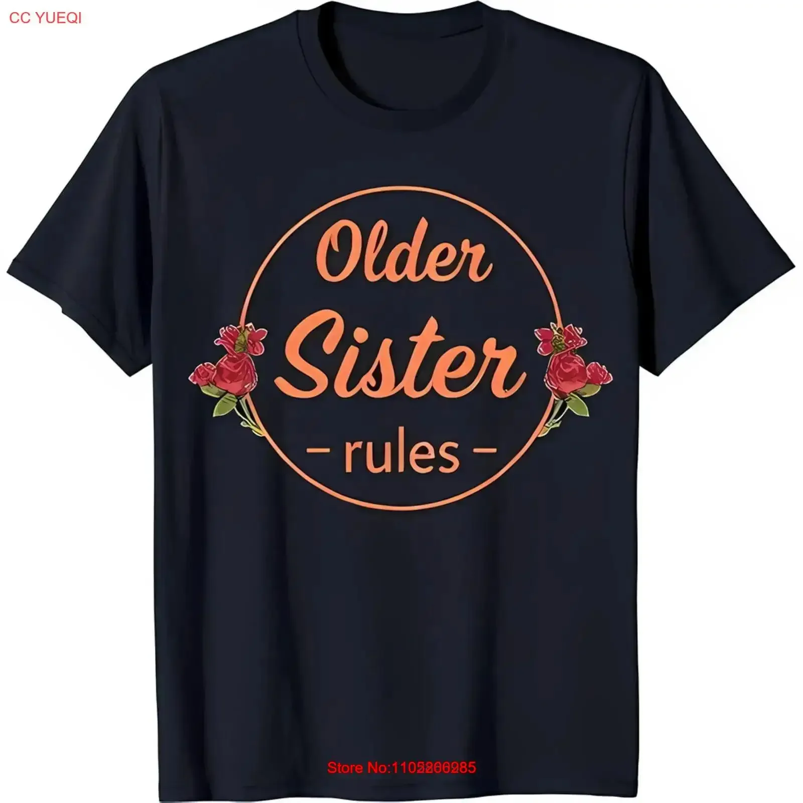 Stylish Black T Shirt with 'Older Sister Rules ' Roses vintage Washed graphic Unisex fashion Stretched Top For Everyday Wear