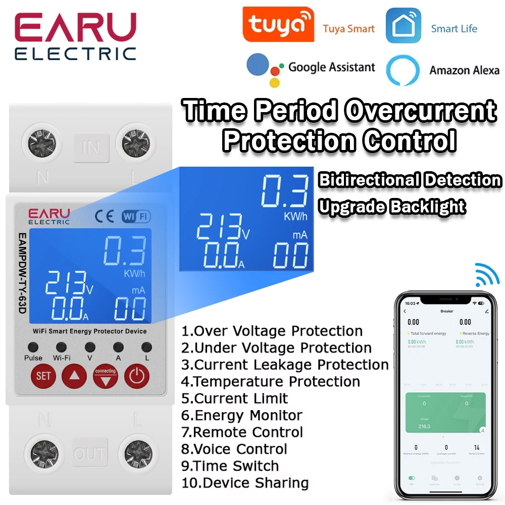 2P Tuya Smart WiFi Circuit Breaker Switch Bi-Directional Energy Meter Timer Measuring Earth Leakage Over Under Voltage Protector