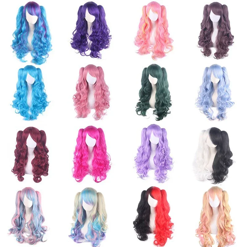 Lolita Long Curly Wig for Halloween Clip On Ponytails Cosplay Wig Multi-color Brown Black Red Pink Synthetic Hair   Wig Cap