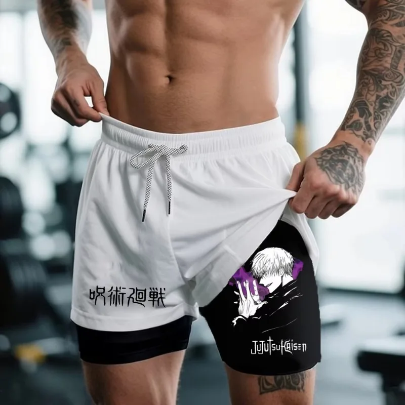 

Мужские двухслойные шорты 2 в 1, Jujutsu Kaisen, летние быстросохнущие брюки с принтом, компрессионные короткие пляжные брюки для тренировок в тренажерном зале