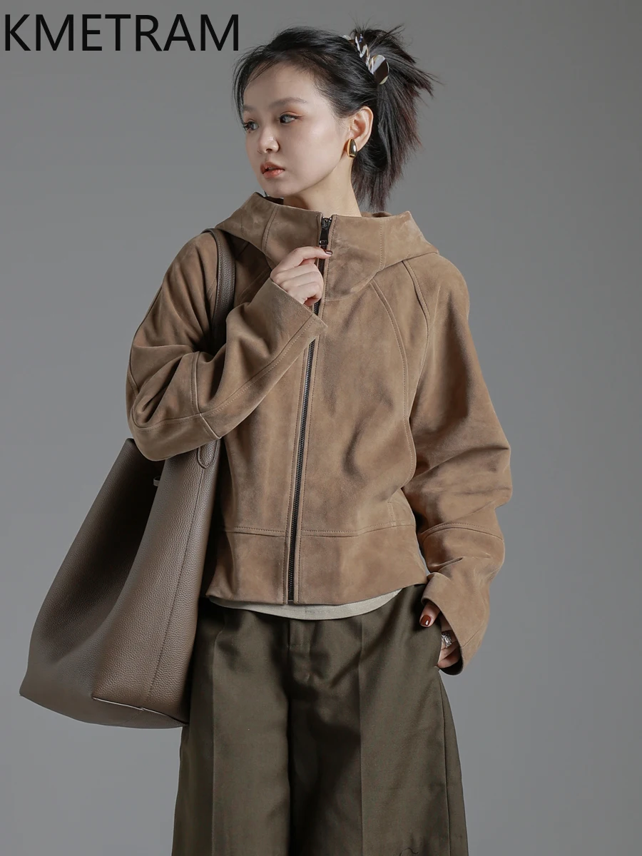 KMETRAM Cappotti in pelle scamosciata inversa in pelle di pecora naturale al 100% con giacca corta casual in vera pelle da donna con cappuccio 2025 Autunno пьто