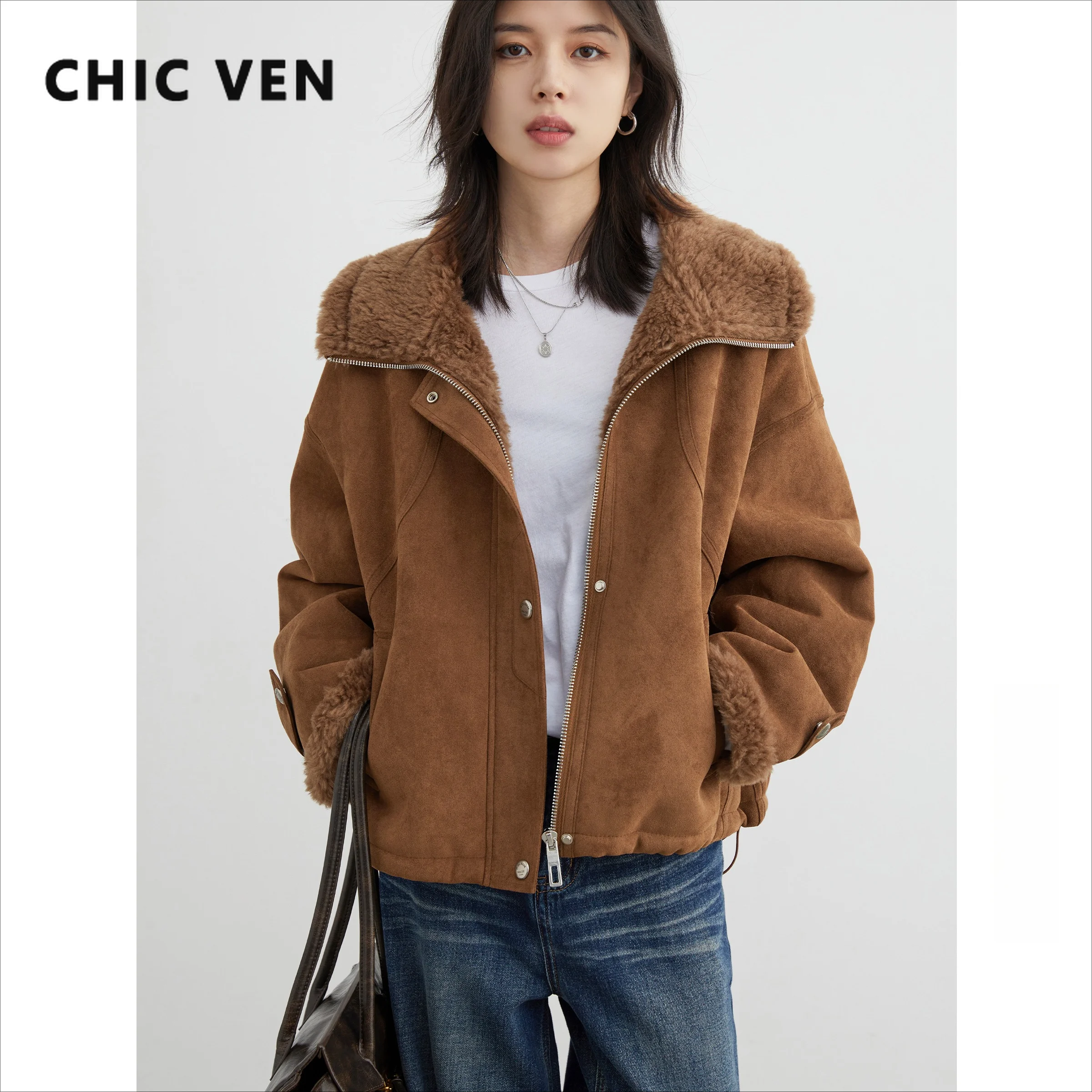 CHIC VEN Fashion Women Jackets Solid Coffee Loose Casual Retro Motorcycle Female Suede Oversize Coat Autumn Winter 2026