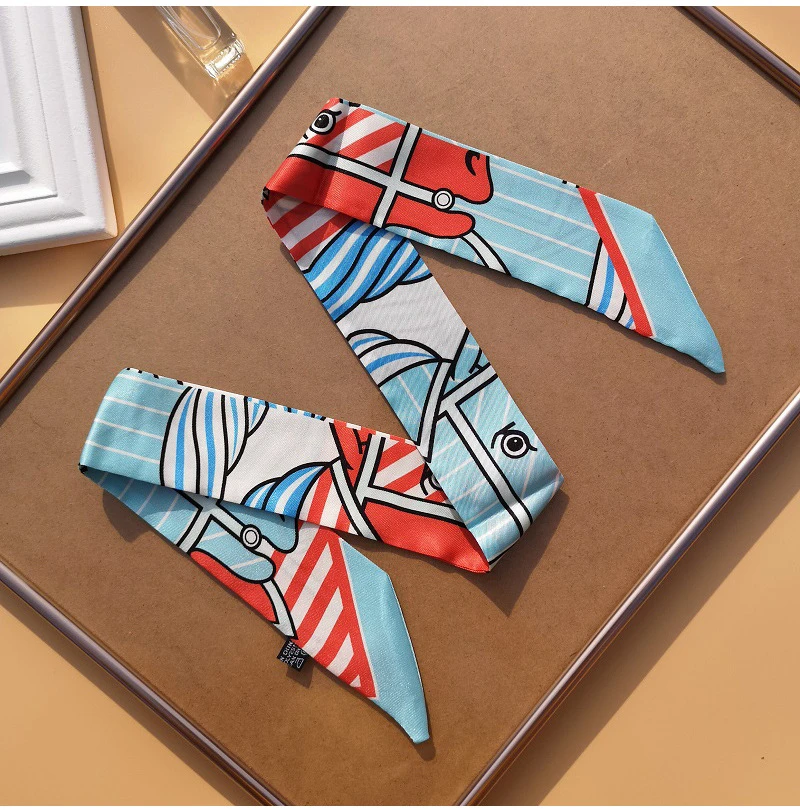 Small Silk Scarf For Women 2022 New Print Handle Bag Ribbons Brand Fashion Head Scarf Small Long Skinny Scar