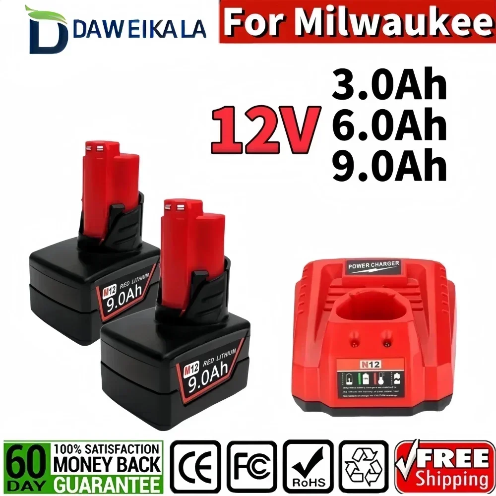 12V 3.0/6.0/9.0Ah Replacement Battery For Milwaukee M12 XC 48-11-2401, 48-11-2402, 48-11-2420, 48-11-2411,48-11-2412,M12B2,M12B4