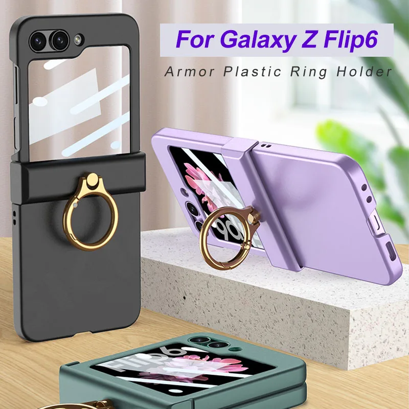 Armor All-included Hinge Ring Bracket Case for Samsung Galaxy Z Flip 6 Screen Glass Plastic Matte Cover For Galaxy Z Flip 5 Case