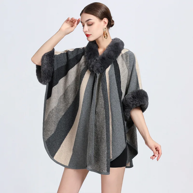 Large Size Loose Women\'s Winter Coats Fashion Jacquard Faux Fur Coat 2022 New Cape Cardigan Poncho Europe and America Shawl