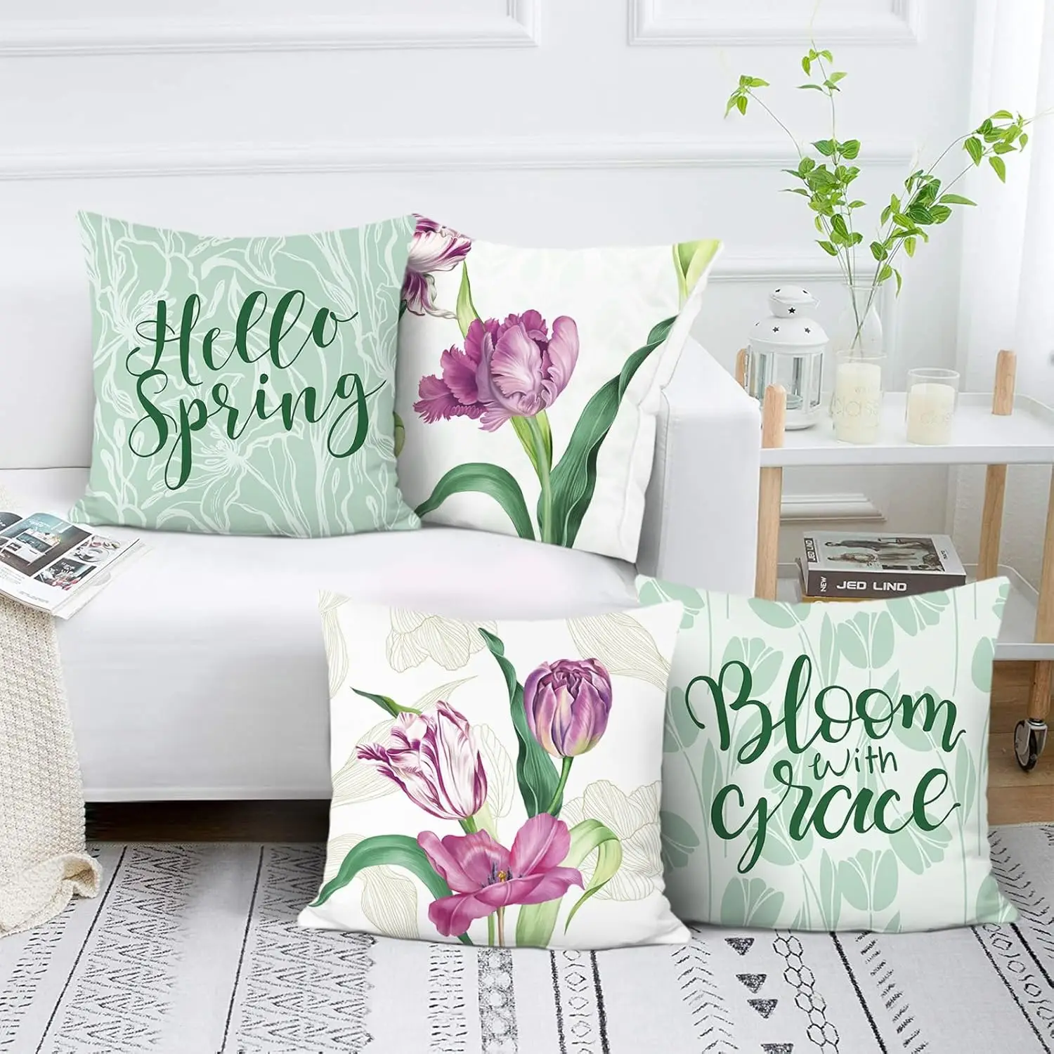 4pcs Spring Floral Pillow Covers Polyester Cushion Cases Tulip Bloom with Grace Hello Spring Print Throw Pillowcase Set for Home