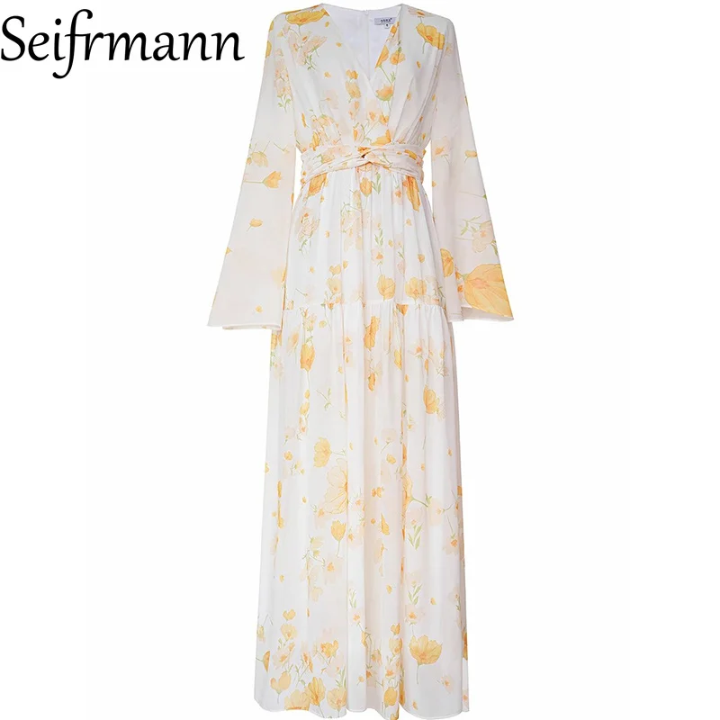 Seifrmann-vestido largo informal francés para vacaciones, estampado Floral, cuello en V, manga larga, elegante, de diseñador, vestidos grandes con vuelo