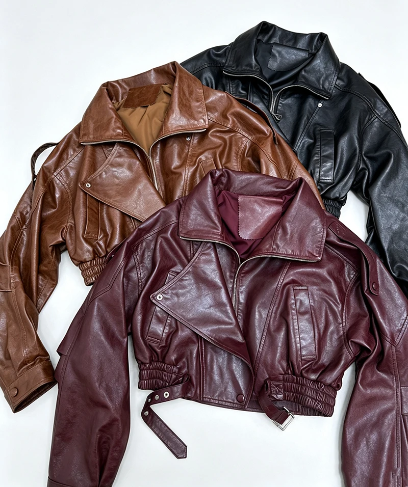 100% Sheepskin Short Jackets Women 2026 Fall Casual Cropped Moto Biker Jacket Female Elastic Waist Genuine Leather Coat Tops