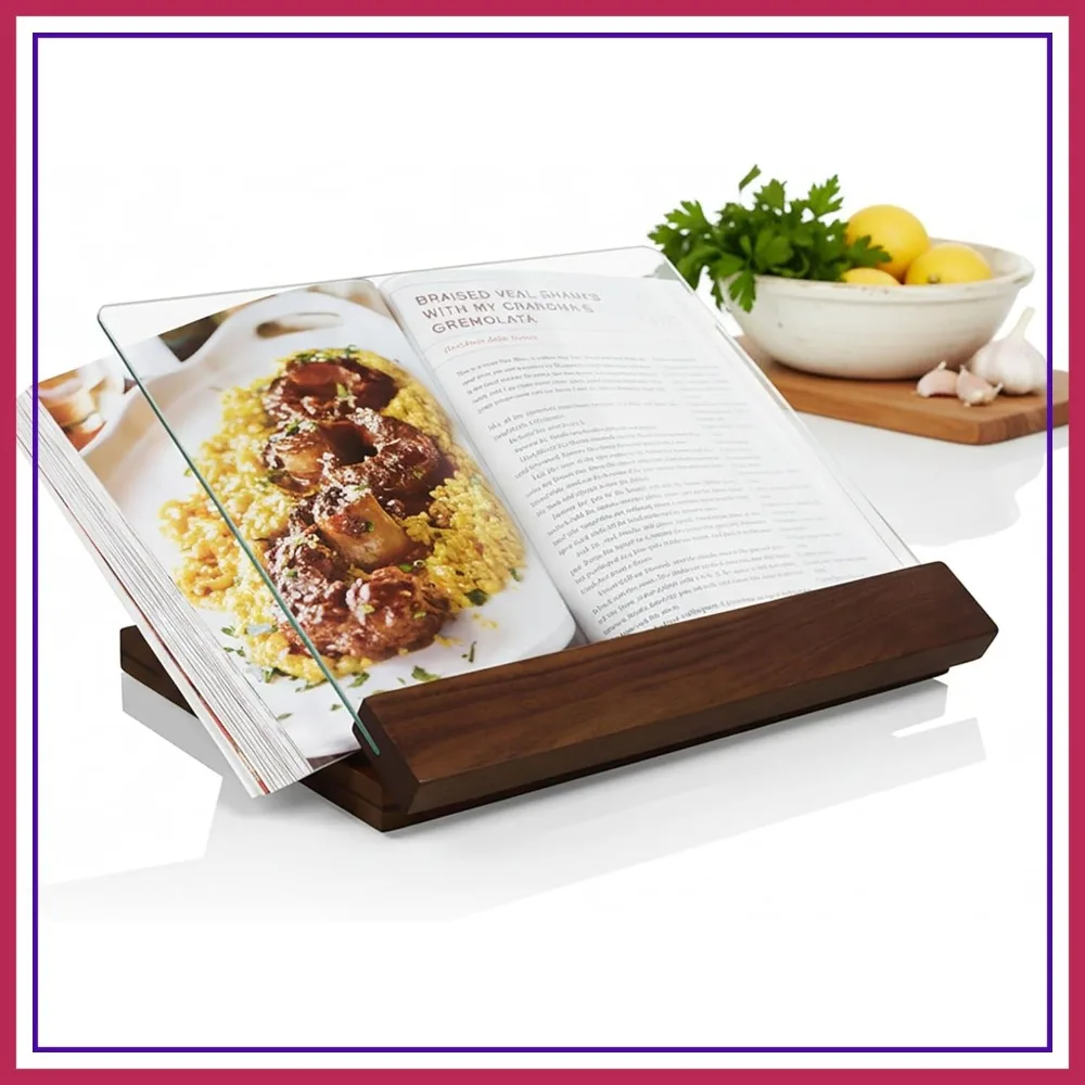 

Cookbook Stand with Tempered Glass, Kitchen Recipe Holder, Acacia Wood, Easy to Clean