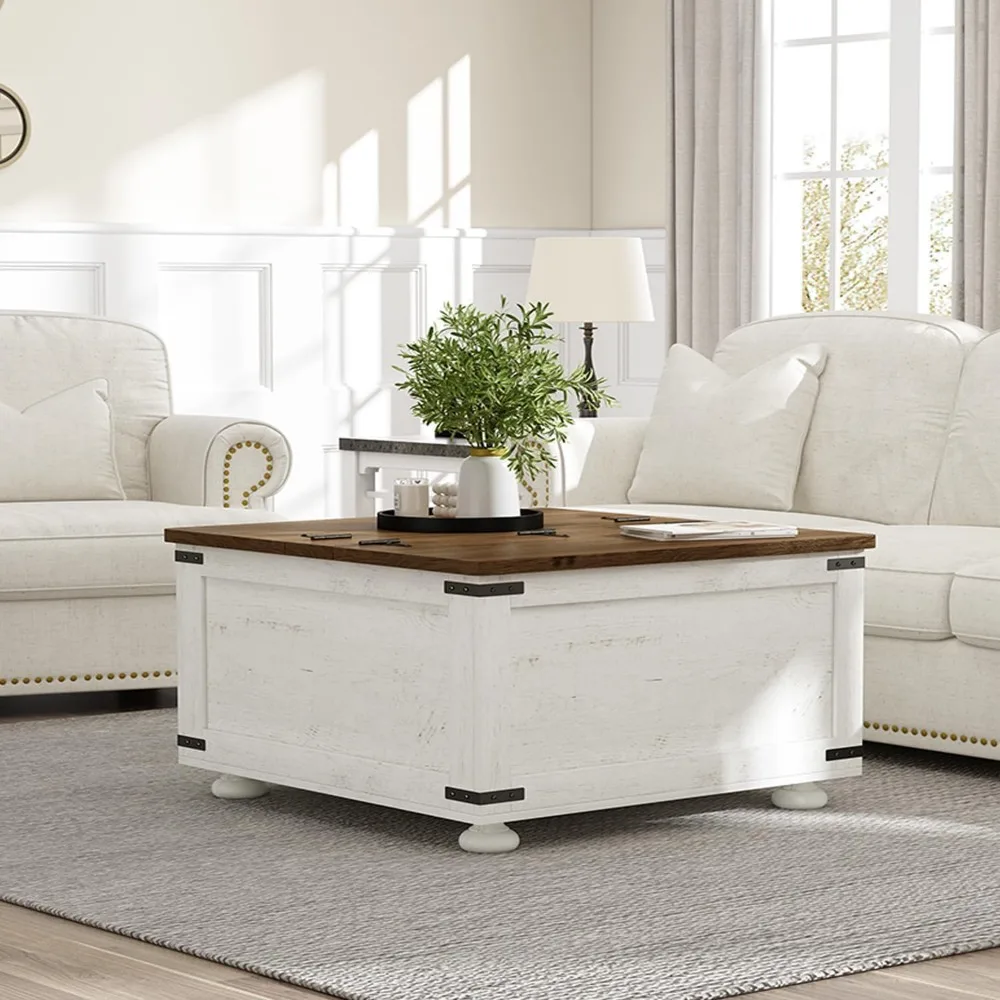 Farmhouse Coffee Table with Storage, Square Center Table with Large Hidden Storage Compartment, Large Lift Square Top