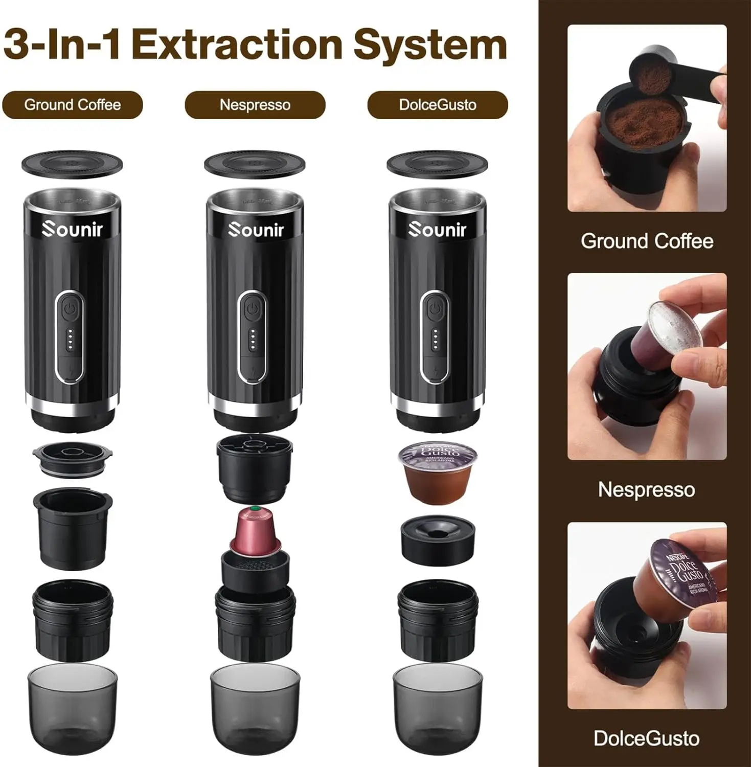 ماكينة اسبريسو محمولة، ماكينة صنع القهوة للتخييم للسفر، في الهواء الطلق، المكتب، تسخين البطارية، القهوة المطحونة، للسفر، Outd