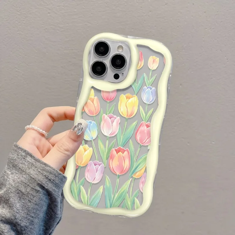 Cute Colorful Tulip Pattern Clear Wave Phone Case For iPhone 11 12 13 14 15 16 17 Pro Max Plus 16e 17e Shockproof Soft Cover view 3