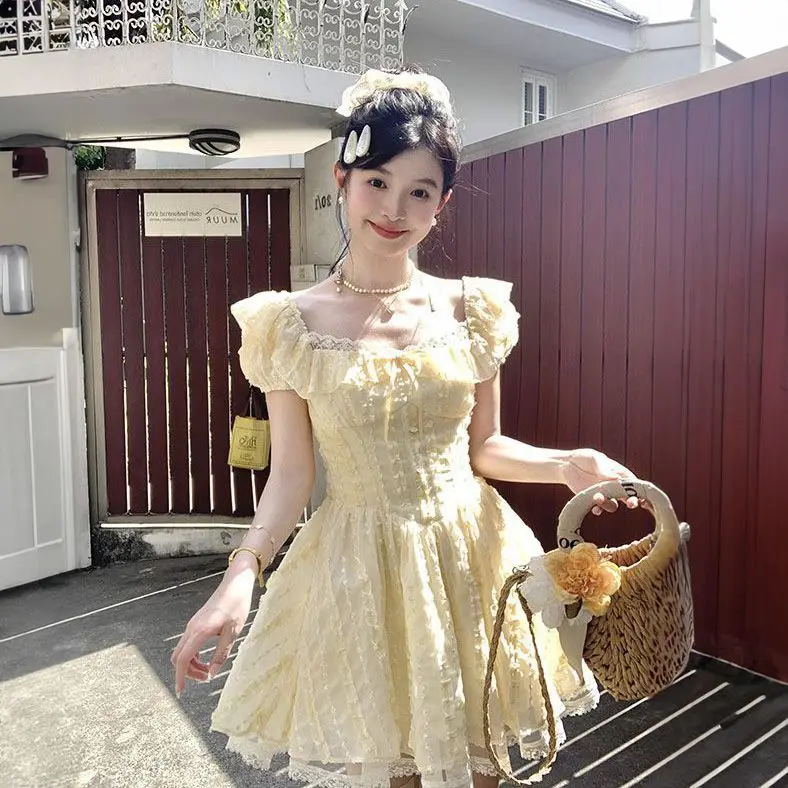 

Women Clothing Dresses Summer High-end Advanced Designed Niche French Sweet Girl Style Waist Slimming Lace Princess Short Dress