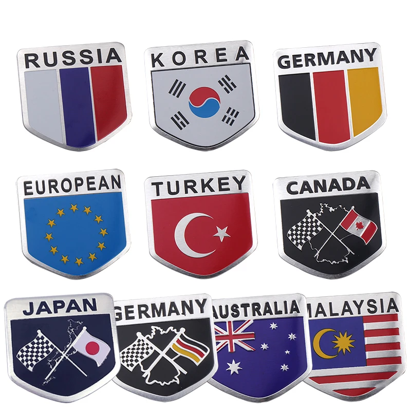 3D Shield Aluminum Germany Canada EU Turkey Malaysia Russia Korea Australia Flag Emblems Badge Car Tail Trunk Body Decor Sticker